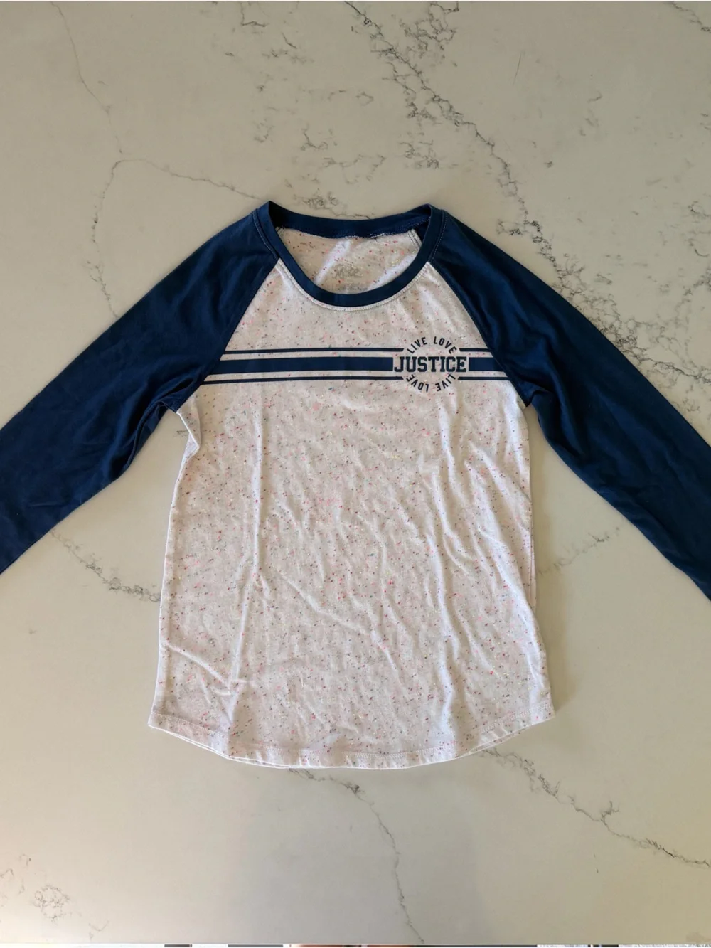 Justice Girls Long Sleeve Raglan Graphic Tee White Blue Size 7/8